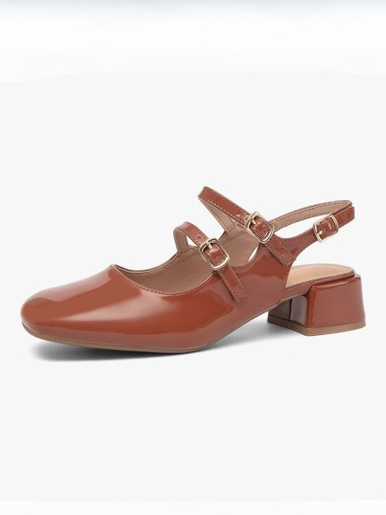 Newbella Shoes - Newbella Brown Patent Mary Jane Slingback | Double Strap | Square Toe | 8.5 NIB